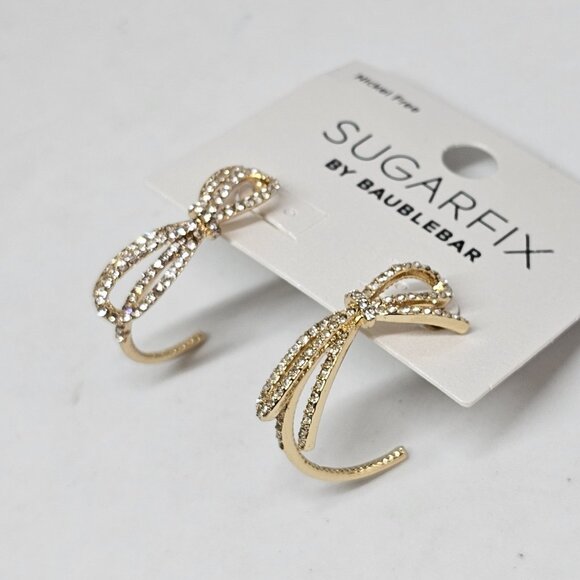 Sugarfix by BaubleBar Crystal Bow Hoop Earrings New Gold Tone - Picture 3 of 12